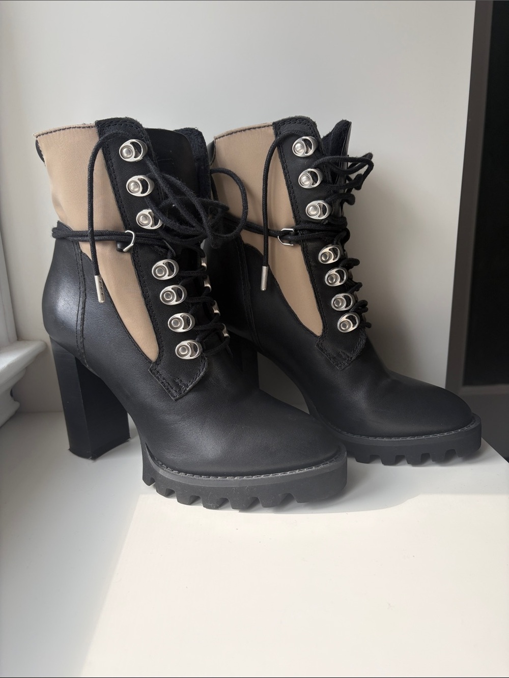 Rudsak Black and Beige Lug Sole Lace-Up Platform Ankle Boots - Women